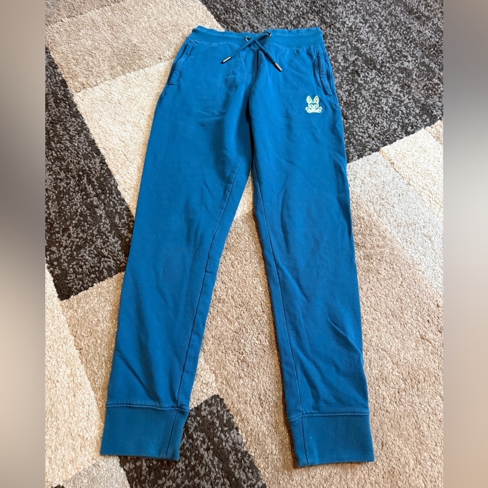 Psycho Bunny Men’s Large Teal embroidered Jogger Sweatpants with Bunny Patch-